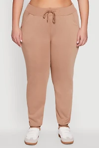 Womens Plus Size High Waisted Fleece Drawstring Waist Joggers, Khaki, Size 1X
