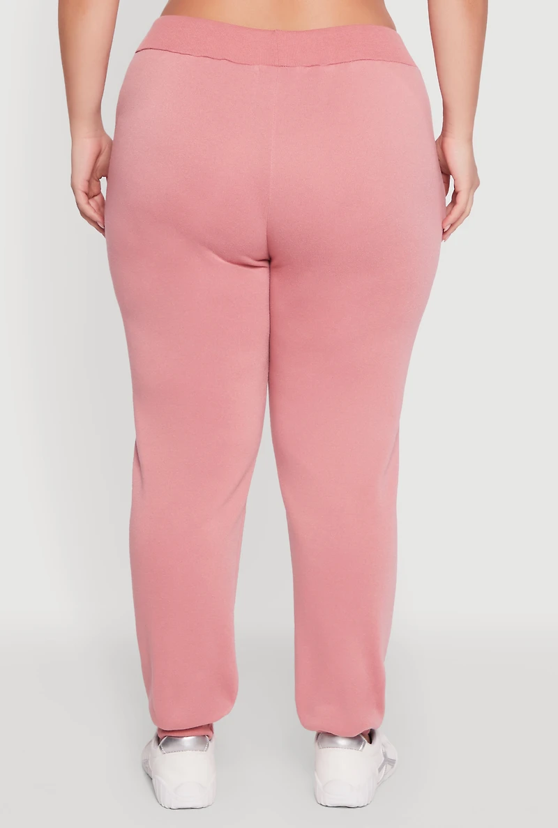 Womens Plus High Waisted Fleece Drawstring Waist Joggers, Pink,