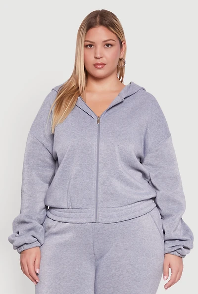 Womens Plus Long Sleeve Zip Front Elastic Hem Hoodie,