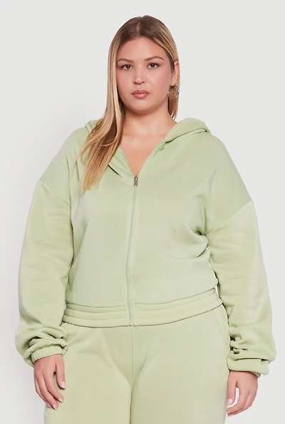 Womens Plus Long Sleeve Zip Front Elastic Hem Hoodie,