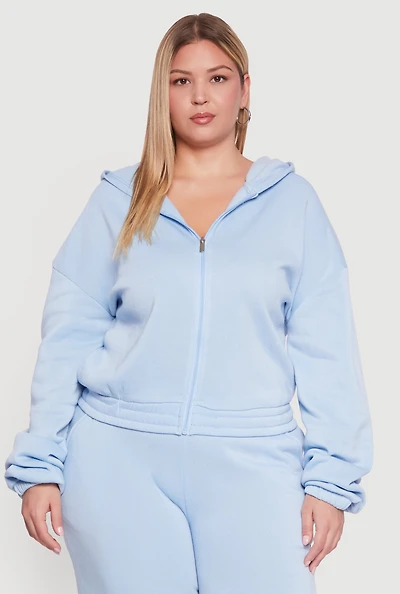 Womens Plus Size Long Sleeve Zip Front Elastic Hem Hoodie, Blue, Size 1X