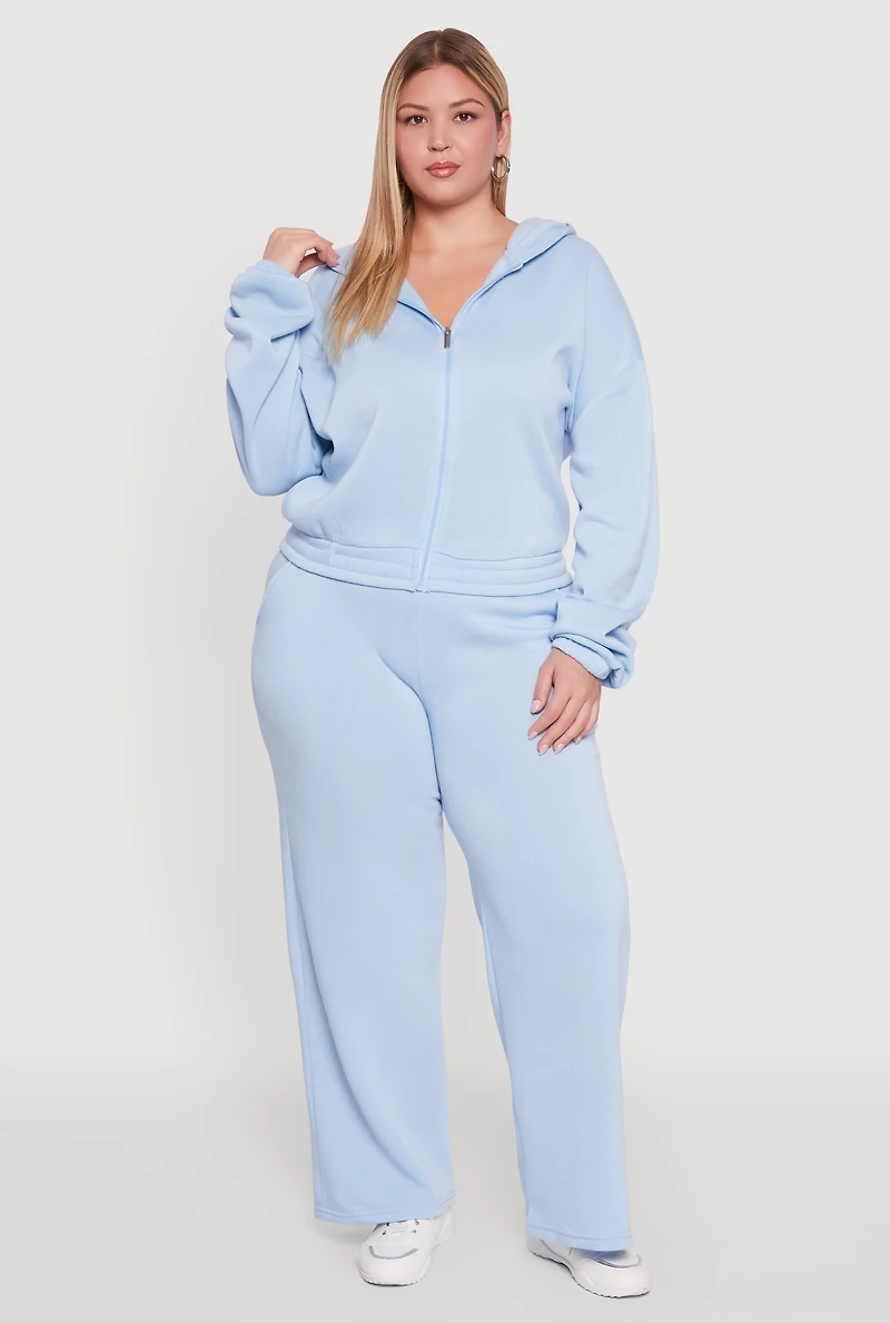 Womens Plus Size Long Sleeve Zip Front Elastic Hem Hoodie, Blue, Size 1X