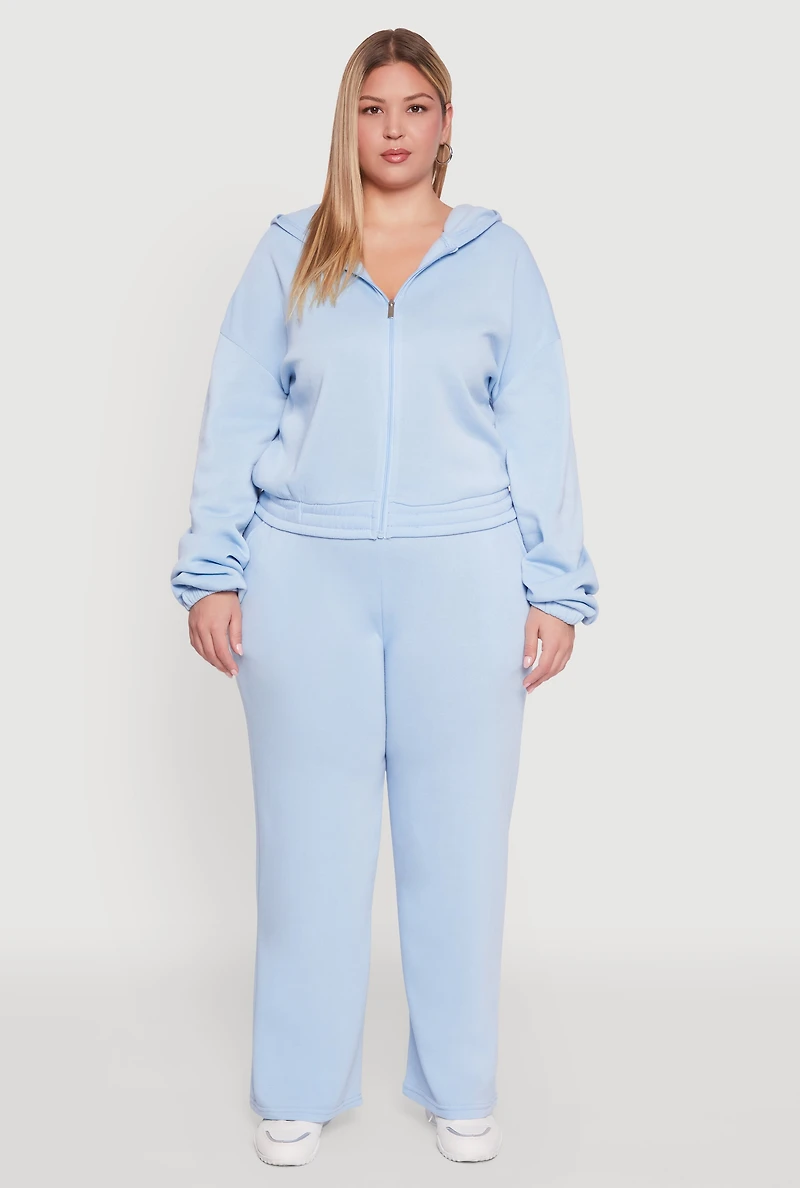 Womens Plus Size Long Sleeve Zip Front Elastic Hem Hoodie, Blue, Size 1X