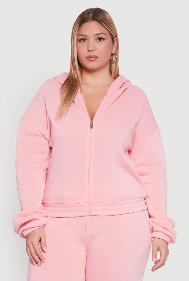 Womens Plus Size Long Sleeve Zip Front Elastic Hem Hoodie, Pink, Size 1X