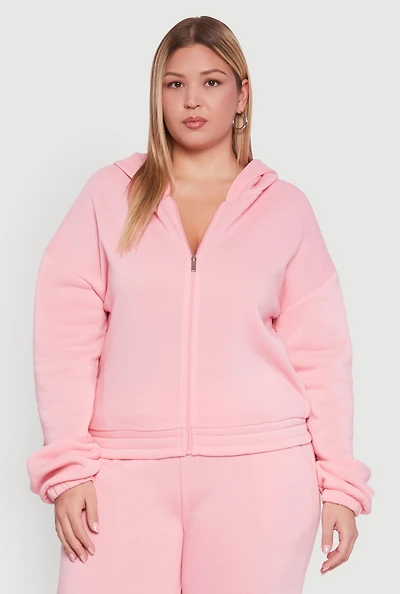 Womens Plus Size Long Sleeve Zip Front Elastic Hem Hoodie, Pink, Size 1X