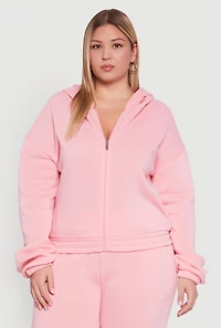 Womens Plus Size Long Sleeve Zip Front Elastic Hem Hoodie, Pink, Size 1X