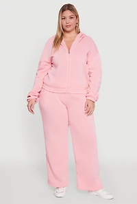 Womens Plus Size Long Sleeve Zip Front Elastic Hem Hoodie, Pink, Size 1X
