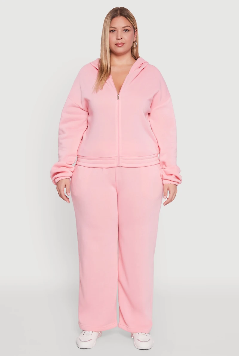 Womens Plus Size Long Sleeve Zip Front Elastic Hem Hoodie, Pink, Size 1X