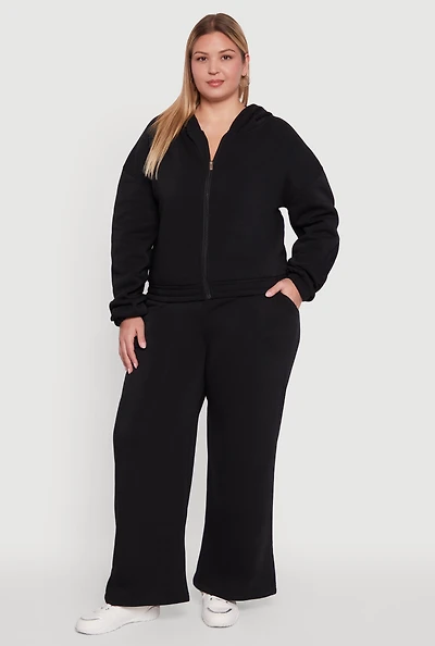 Womens Plus Fleece High Waisted Wide Leg Sweatpants,