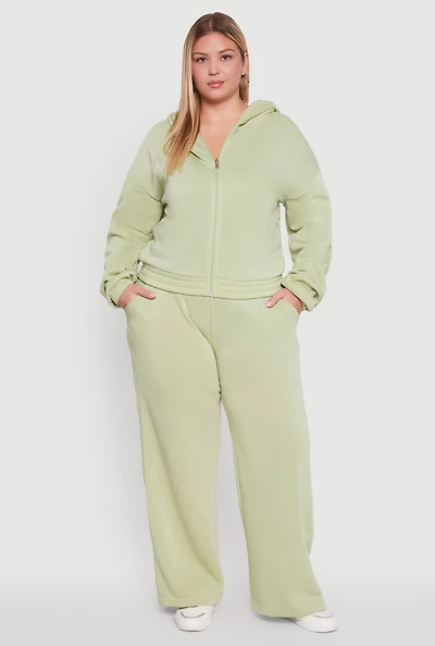 Womens Plus Fleece High Waisted Wide Leg Sweatpants,