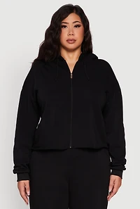 Womens Plus Size Raw Hem Zip Front Hooded Sweatshirt, Black, Size 1X