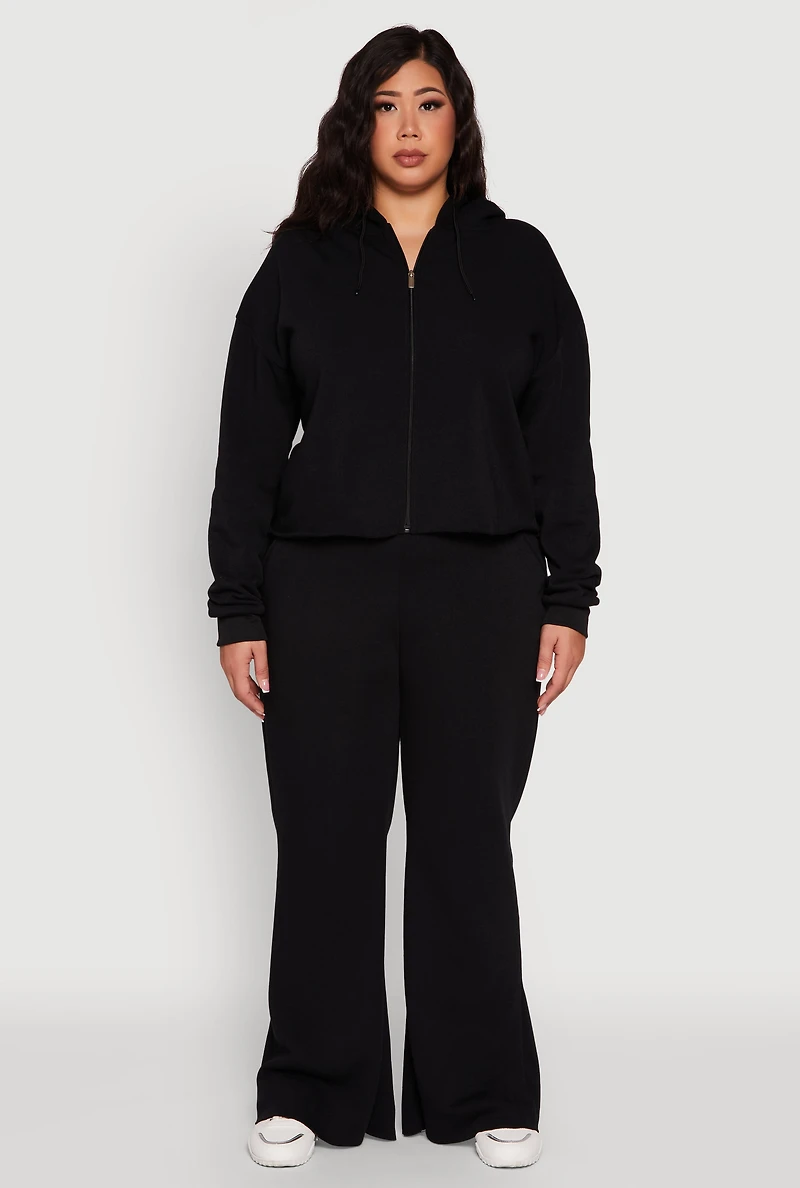Womens Plus Size Raw Hem Zip Front Hooded Sweatshirt, Black, Size 1X