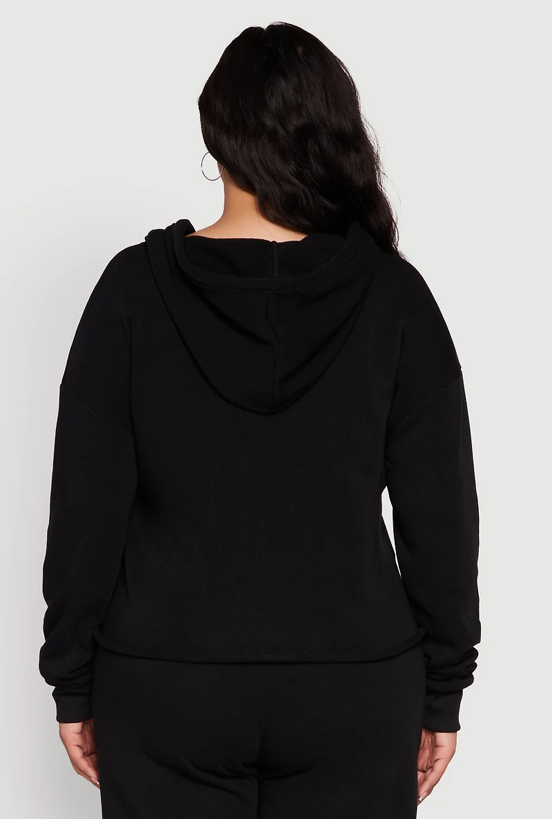 Womens Plus Size Raw Hem Zip Front Hooded Sweatshirt, Black, Size 1X
