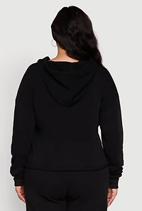 Womens Plus Size Raw Hem Zip Front Hooded Sweatshirt, Black, Size 1X