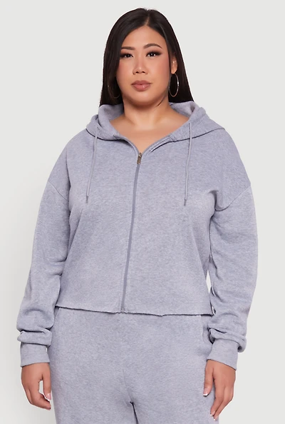 Womens Plus Size Raw Hem Zip Front Hooded Sweatshirt, Grey, Size 2X