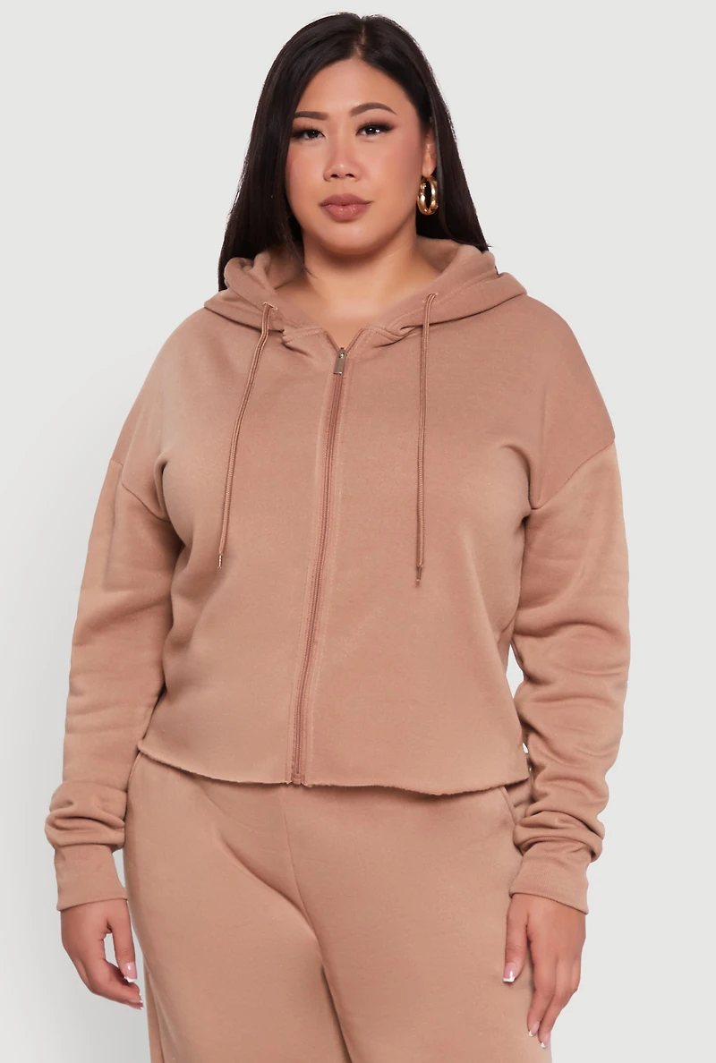 Womens Plus Size Raw Hem Zip Front Hooded Sweatshirt, Beige, Size 1X