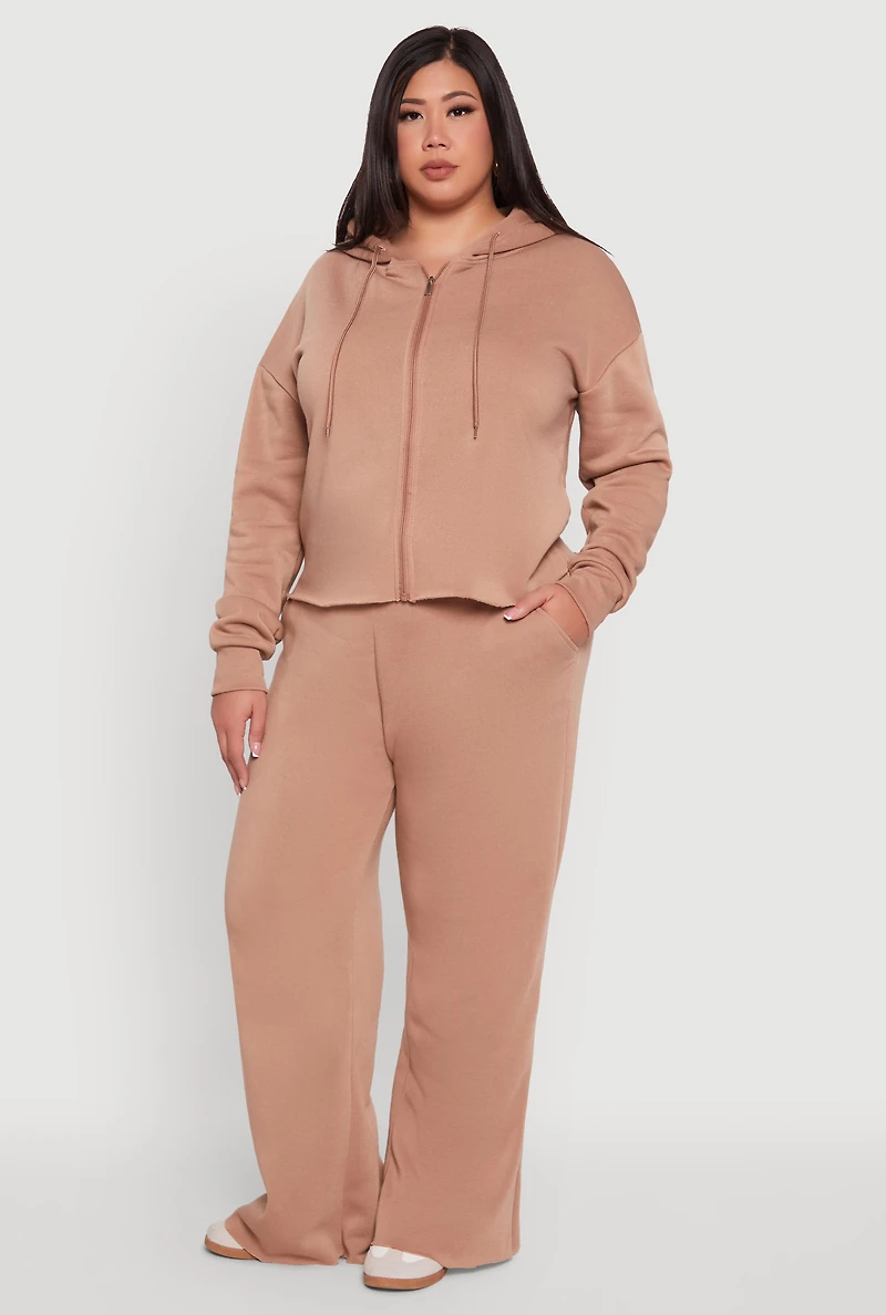 Womens Plus Size Raw Hem Zip Front Hooded Sweatshirt, Beige, Size 1X