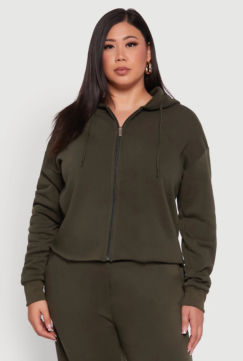 Plus Raw Hem Zip Front Hooded Sweatshirt