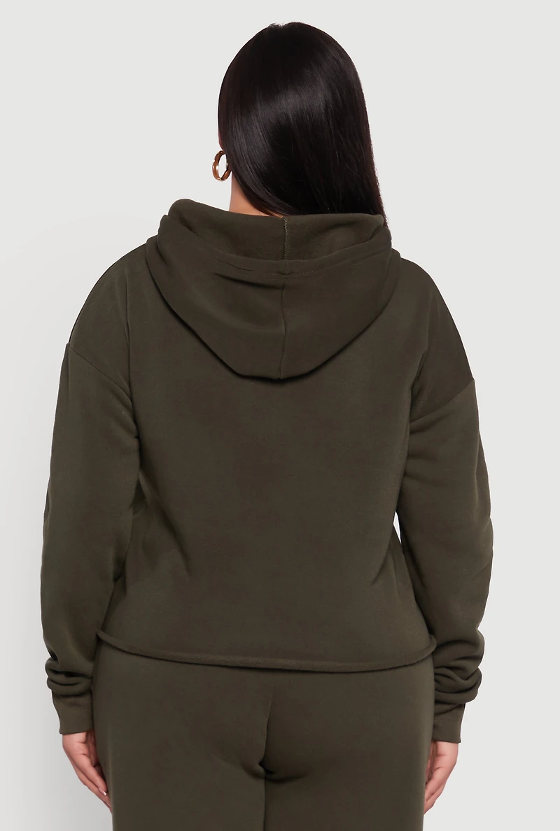 Womens Plus Size Raw Hem Zip Front Hooded Sweatshirt, Green, Size 1X