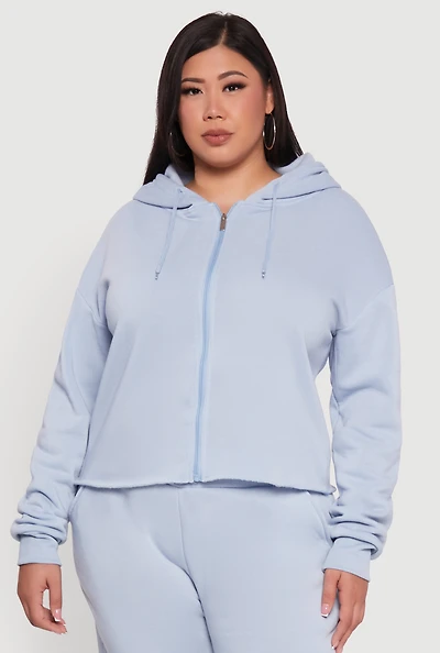 Womens Plus Raw Hem Zip Front Hooded Sweatshirt,