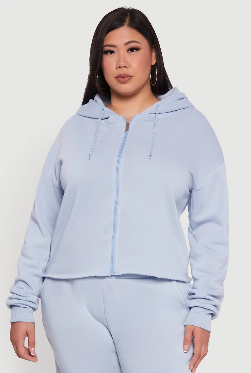 Plus Raw Hem Zip Front Hooded Sweatshirt
