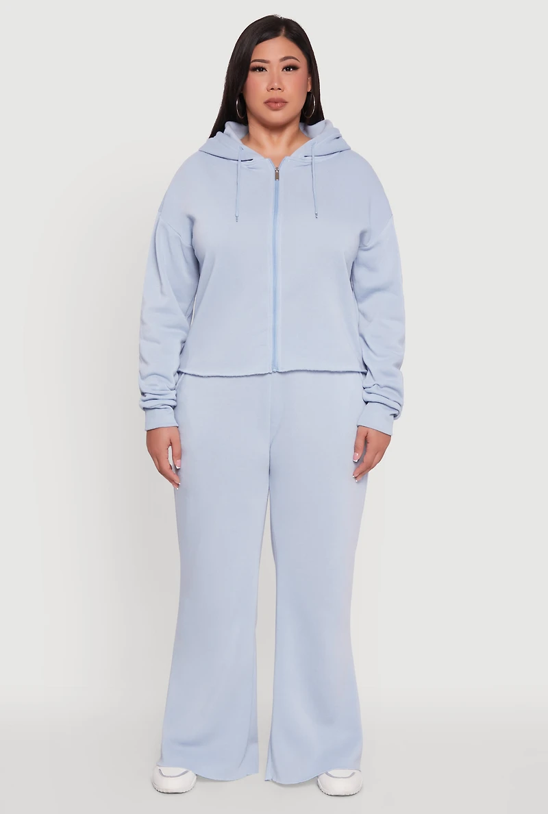 Womens Plus Size Raw Hem Zip Front Hooded Sweatshirt, Blue, Size 1X
