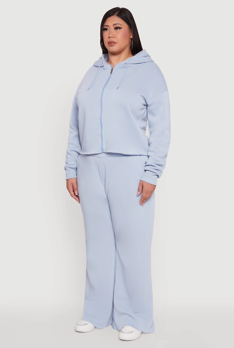 Womens Plus Size Raw Hem Zip Front Hooded Sweatshirt, Blue, Size 1X