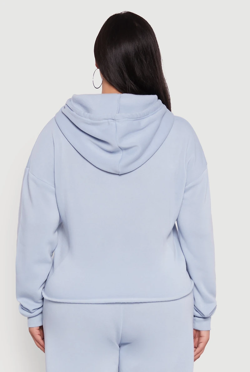 Womens Plus Size Raw Hem Zip Front Hooded Sweatshirt, Blue, Size 1X