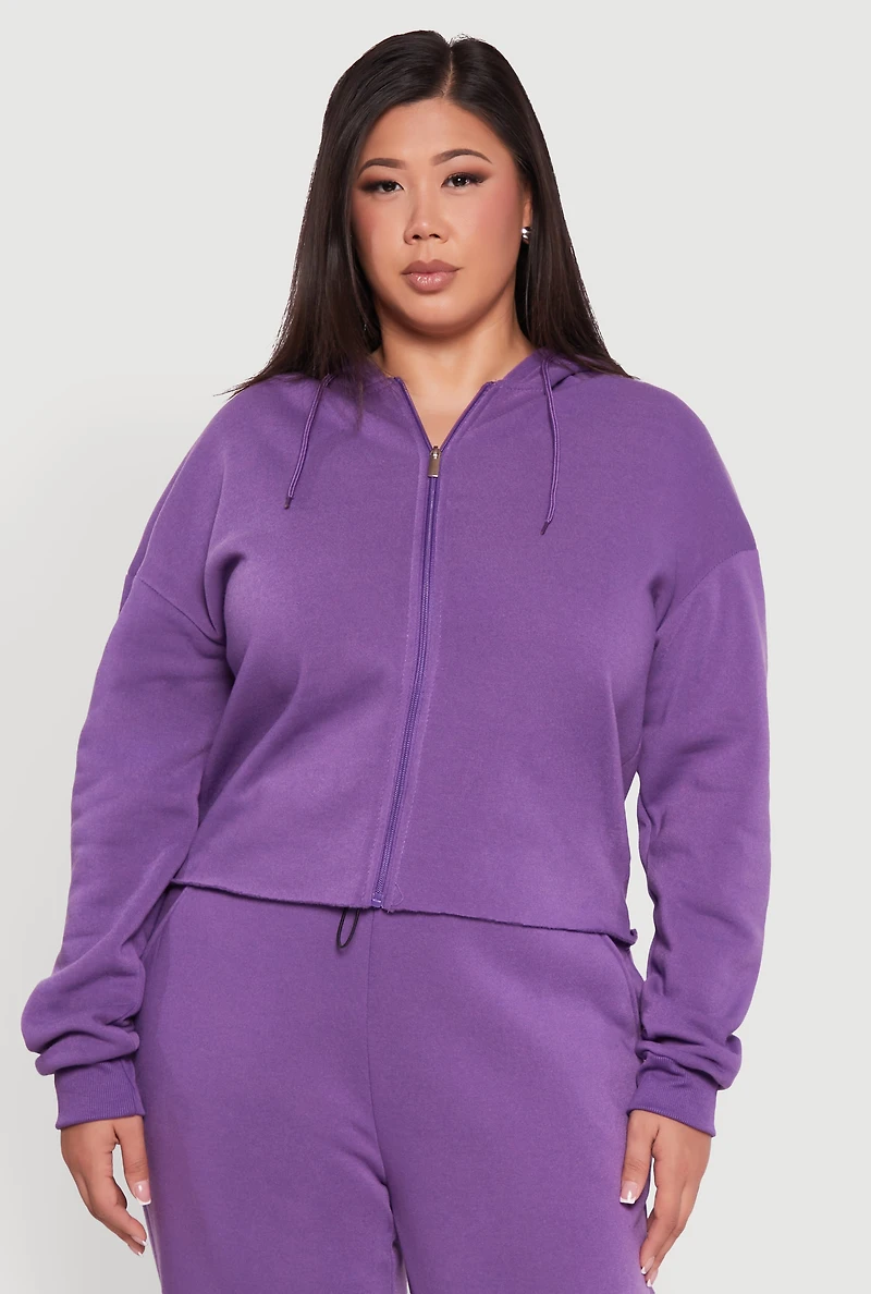 Plus Raw Hem Zip Front Hooded Sweatshirt