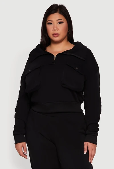 Womens Plus Half Zip Collared Cargo Pocket Sweatshirt,