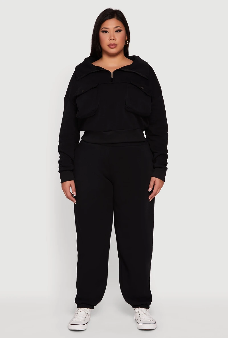 Womens Plus Half Zip Collared Cargo Pocket Sweatshirt,