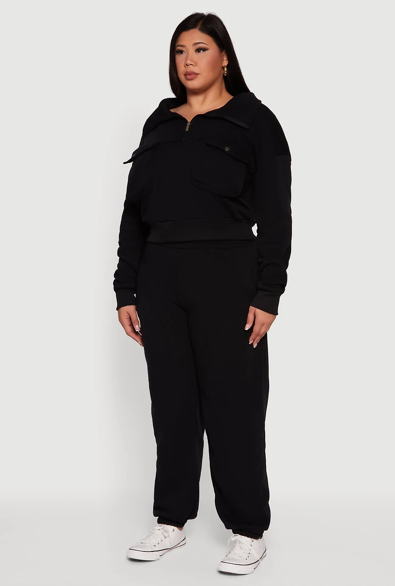 Womens Plus Half Zip Collared Cargo Pocket Sweatshirt,