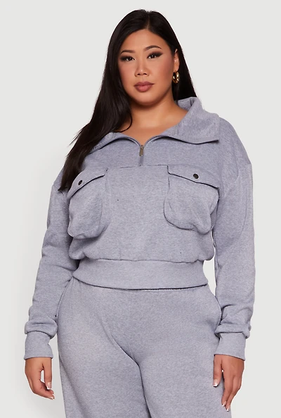 Womens Plus Size Half Zip Collared Cargo Pocket Sweatshirt, Grey, Size 2X
