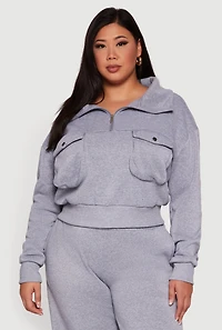 Womens Plus Size Half Zip Collared Cargo Pocket Sweatshirt, Grey, Size 2X