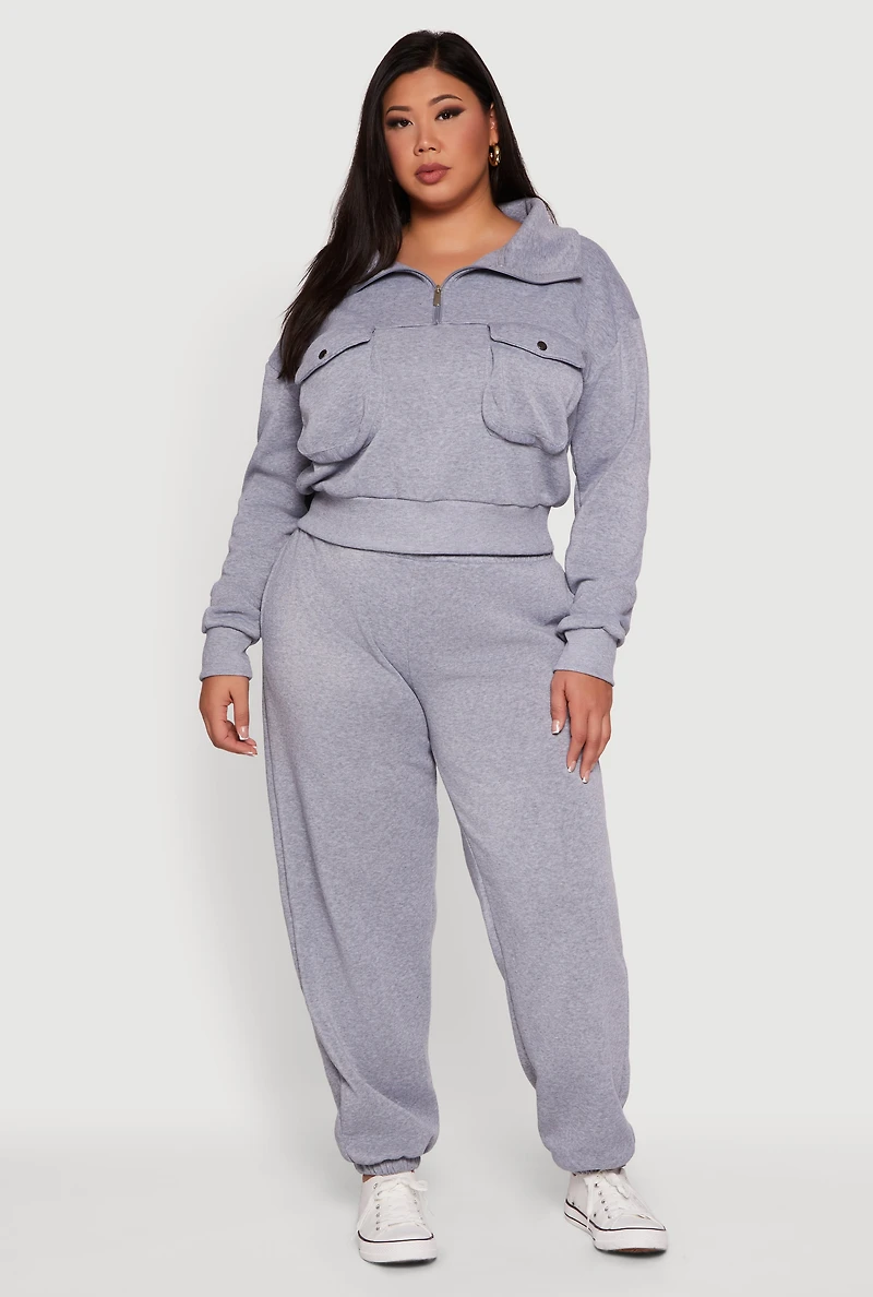Womens Plus Size Half Zip Collared Cargo Pocket Sweatshirt, Grey, Size 2X