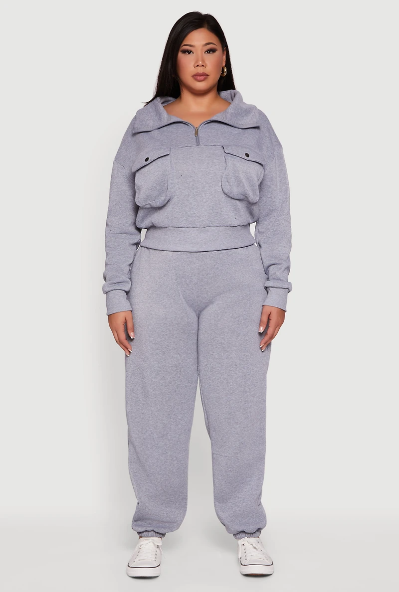 Womens Plus Size Half Zip Collared Cargo Pocket Sweatshirt, Grey, Size 2X