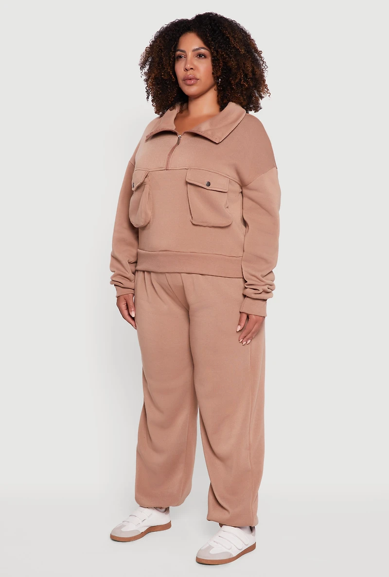 Womens Plus Size Half Zip Collared Cargo Pocket Sweatshirt, Brown, Size 1X