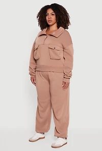 Womens Plus Size Half Zip Collared Cargo Pocket Sweatshirt, Brown, Size 1X