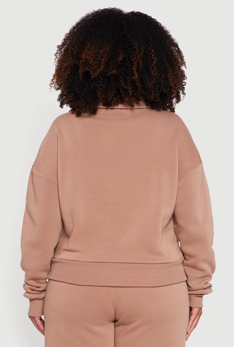 Womens Plus Size Half Zip Collared Cargo Pocket Sweatshirt, Brown, Size 1X