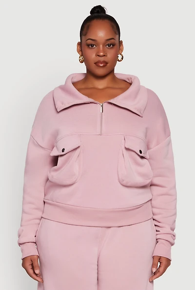 Womens Plus Size Half Zip Collared Cargo Pocket Sweatshirt, Pink, Size 1X