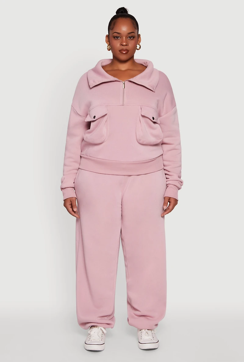 Plus Half Zip Collared Cargo Pocket Sweatshirt