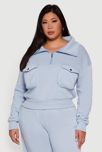 Womens Plus Half Zip Collared Cargo Pocket Sweatshirt,