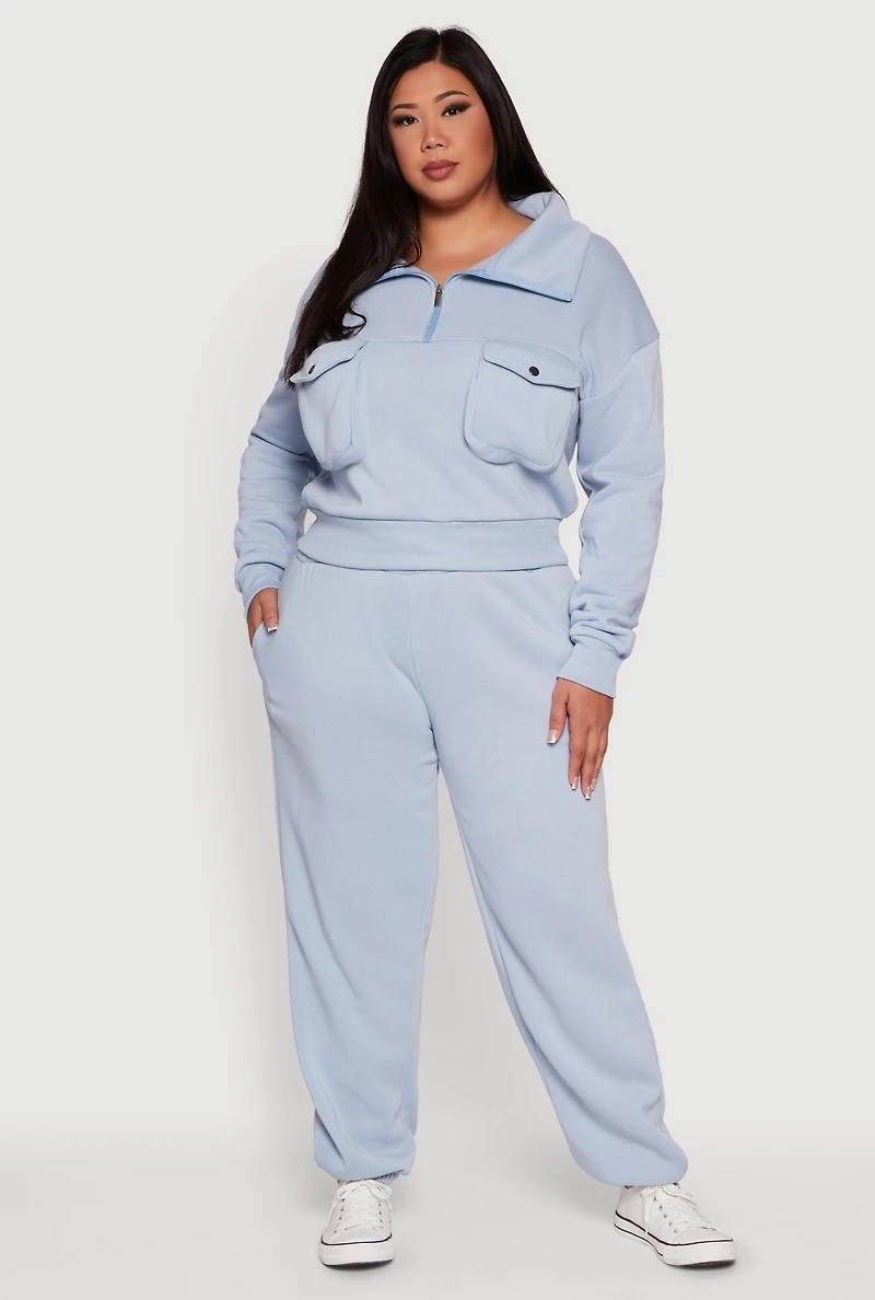 Womens Plus Half Zip Collared Cargo Pocket Sweatshirt,