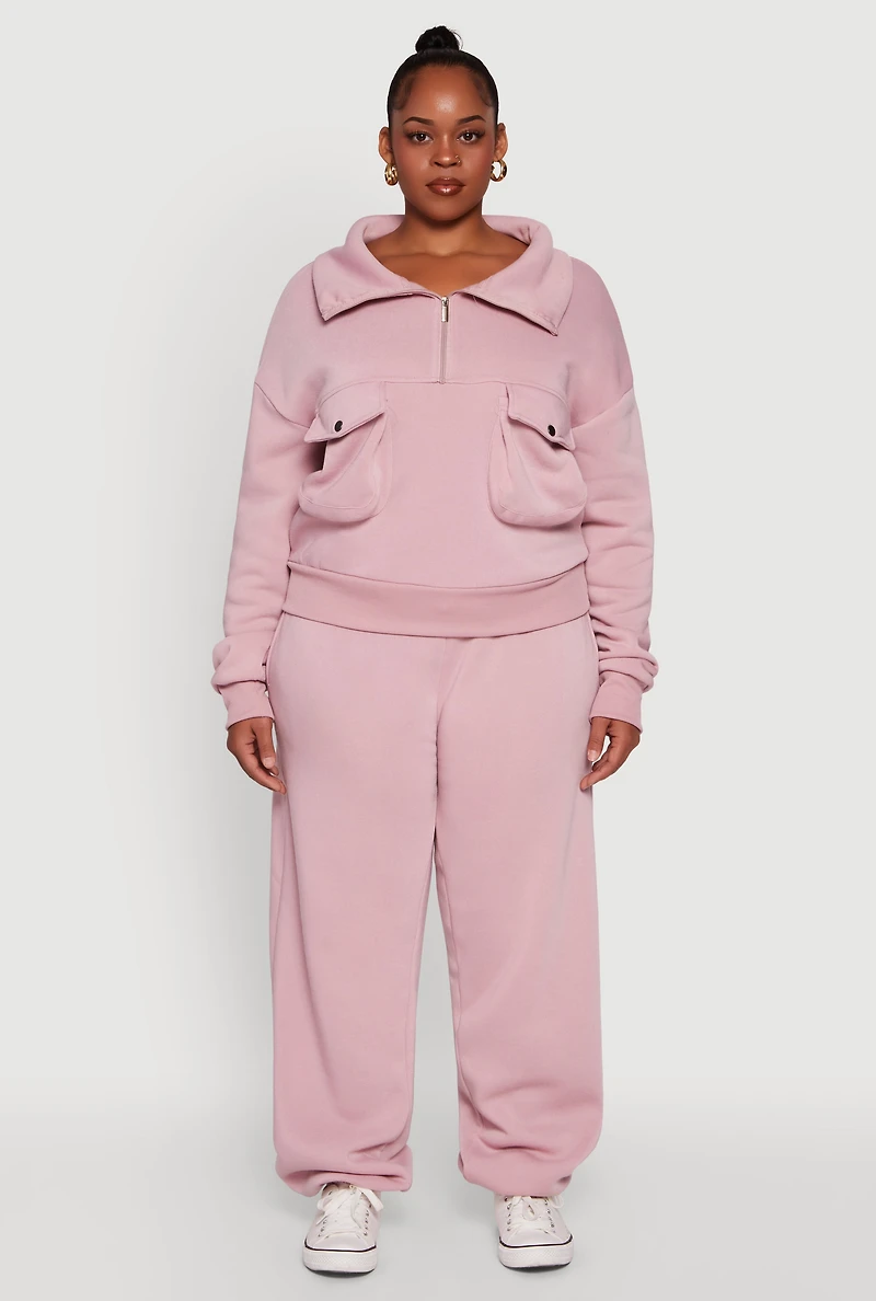 Womens Plus Size Fleece Lined High Waist Joggers, Pink, Size 2X