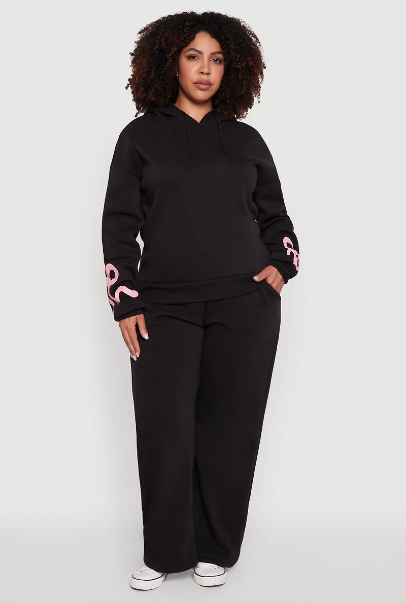 Womens Plus Bow Graphic Detail Wide Leg Fleece Sweatpants, 1X