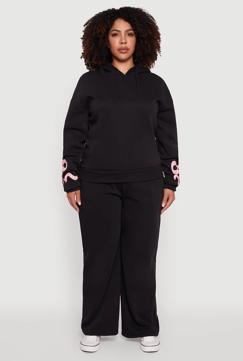 Womens Plus Bow Graphic Detail Wide Leg Fleece Sweatpants, 1X
