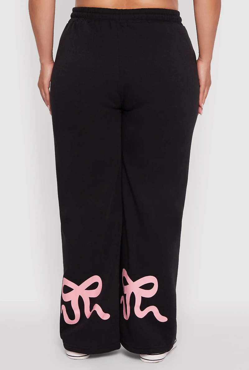 Womens Plus Size Bow Graphic Detail Wide Leg Fleece Sweatpants, Black, Size 1X