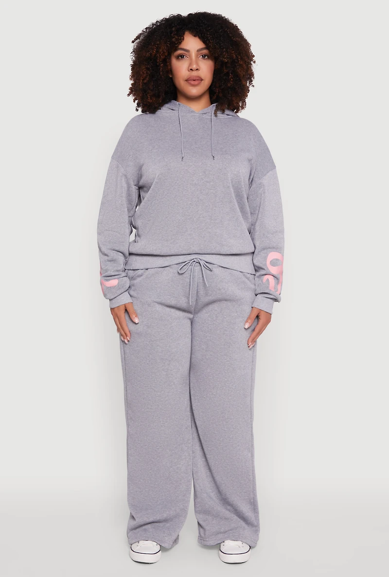 Womens Plus Size Bow Graphic Detail Wide Leg Fleece Sweatpants, Grey, Size 2X