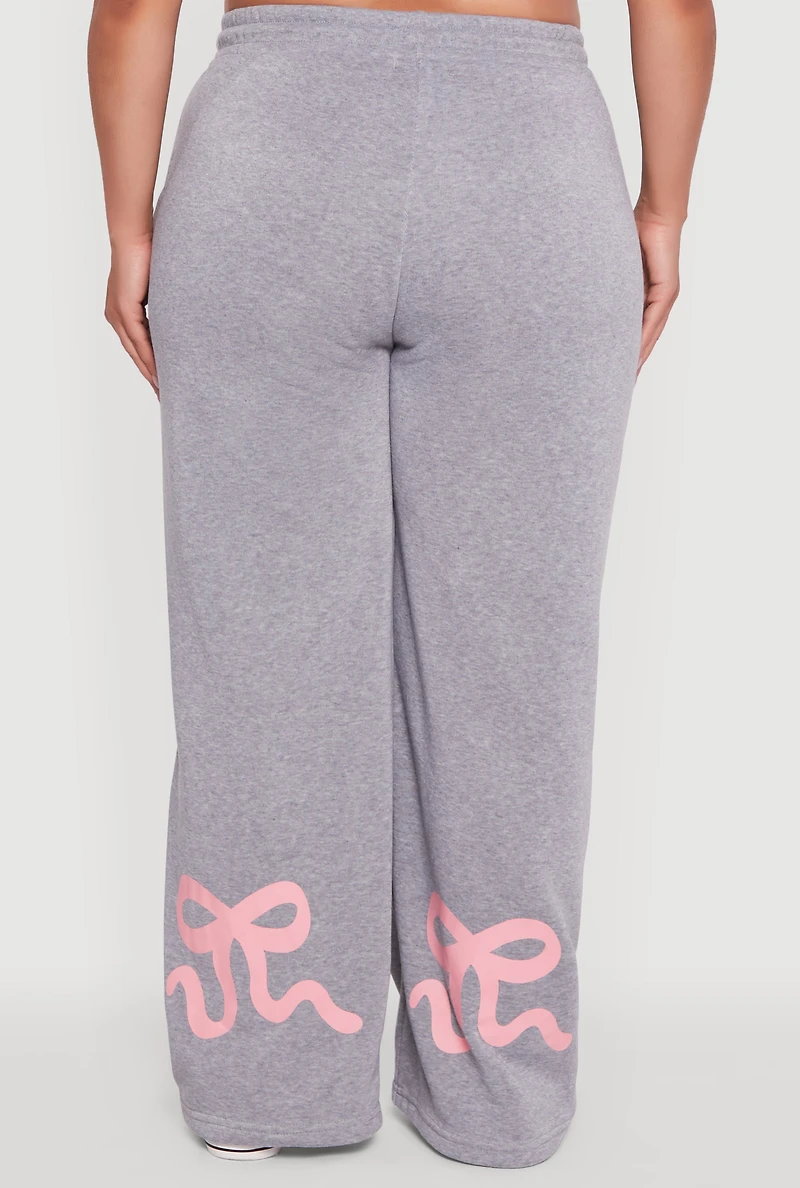 Womens Plus Size Bow Graphic Detail Wide Leg Fleece Sweatpants, Grey, Size 1X