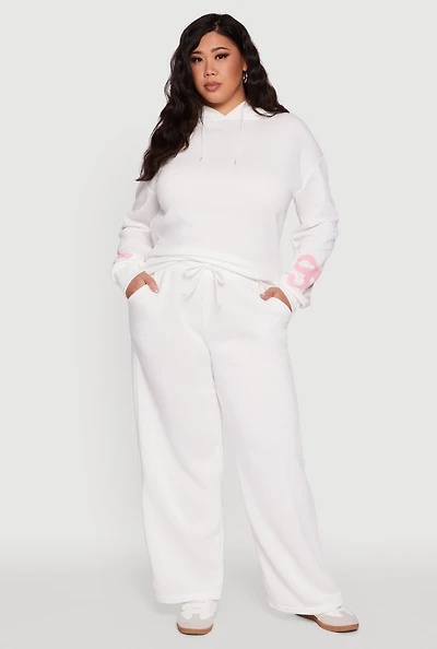 Womens Plus Bow Graphic Detail Wide Leg Fleece Sweatpants, White,
